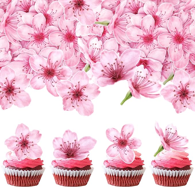 40 PCS Edible Cherry Blossoms Cupcake Toppers Edible Cherry Blossoms Flowers Cake Decorations Wafer Paper Flowers Cupcake Topper for Baby Shower Wedding Birthday Party Decorations Supplies Colorful