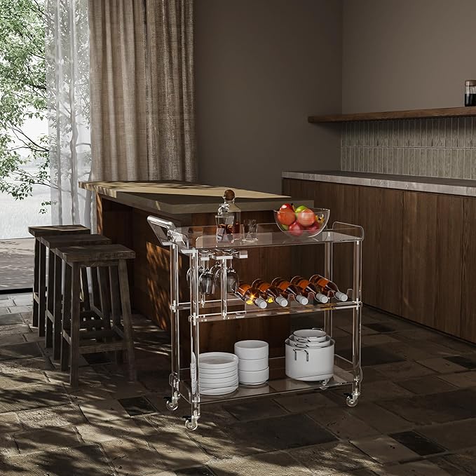 HMYHUM Acrylic Bar Cart with 4 Lockable Wheels, Clear Serving Cart with Wine Rack and Glass Holder, Rolling Beverage Cart for Home, Kitchen, Dinning Room, 33.7" L x 13" W x 34.8" H