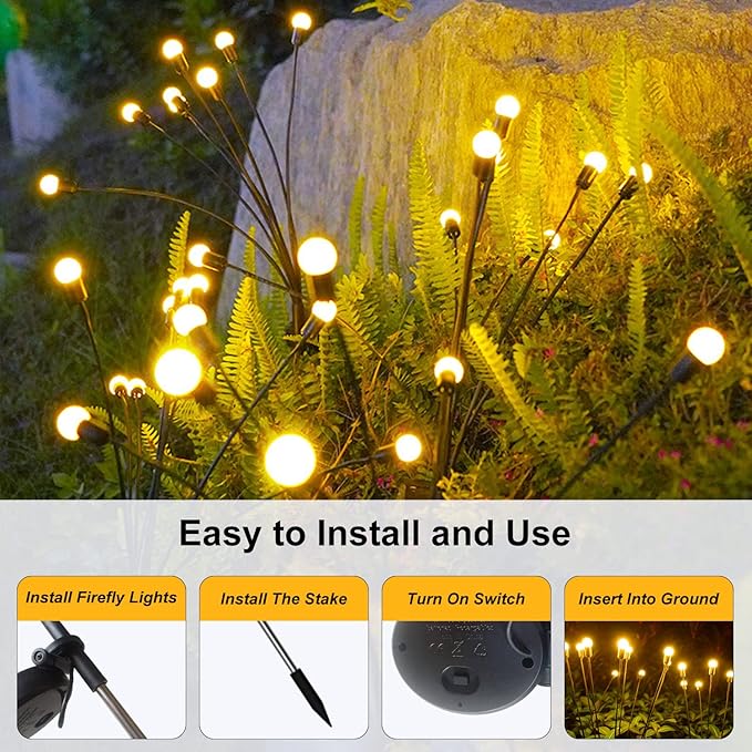 Solar Garden Lights Firefly & Starburst Swaying Lights (4 Pack), Waterproof Outdoor Decor for Yard, Patio, Pathway & Lawn
