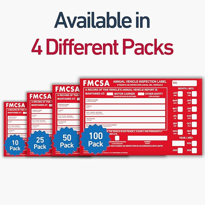 100 Pack Buck Aluminum Annual Vehicle Inspection Label with Punch Boxes, 2 Mil Red FMCSA Self Adhesive Sticker, DOT Compliant, Weatherproof, Tear Resistant, Easy to Write On, 6" x 3.5" - Made in USA