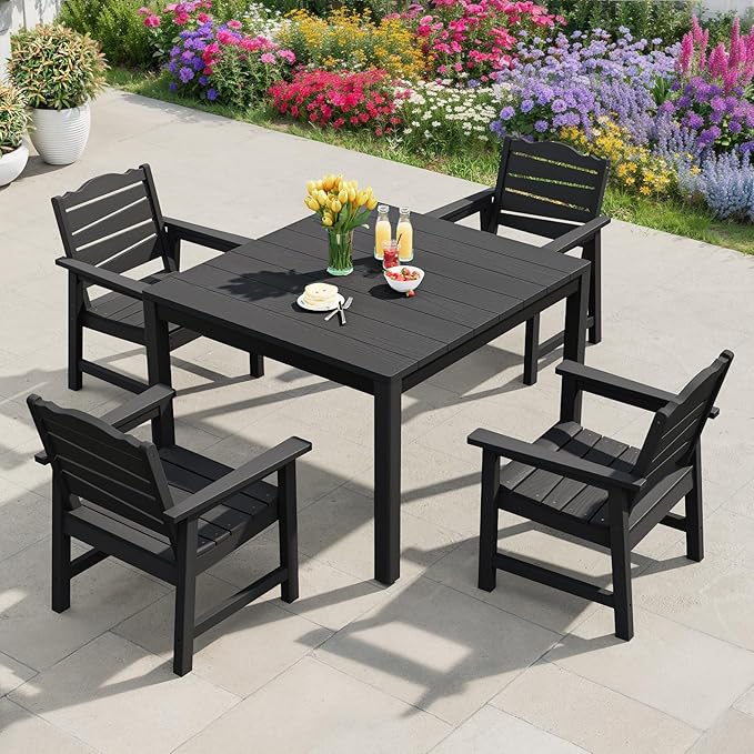 Weatherproof Patio Chair, Poly Lumber Outdoor Patio Chairs with Ergonomic Curved Seat, 400lbs Capacity Outdoor Dining Chairs for Garden, Porch, Lawn & Backyard, Black