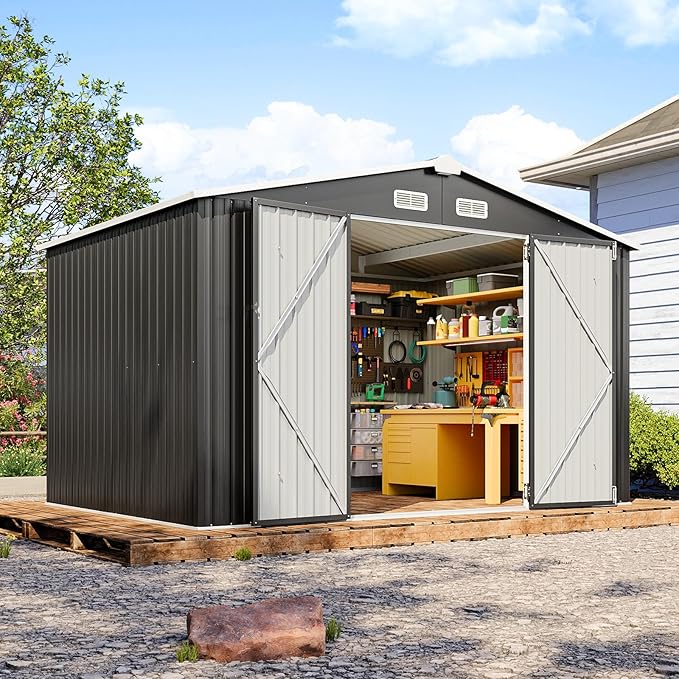 8x10 FT Outdoor Storage Shed, Utility Steel Tool Shed with Lockable Door and Air Vents, Galvanized Metal Shed for Garden Backyard Patio Lawn (8'x10', Black)