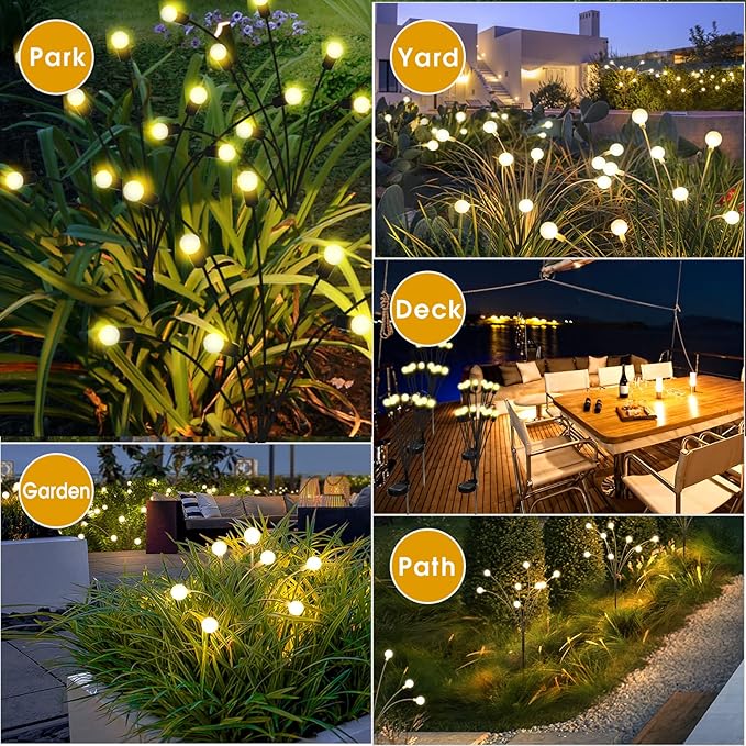 Solar Powered Firefly Lights Outdoor Waterproof 2-Pack, Swaying as Wind Blows, 8 LED Bulbs, Solar Garden Lights, Warm White, Outdoor Decorative Lights for Pathway Yard Patio Decorations