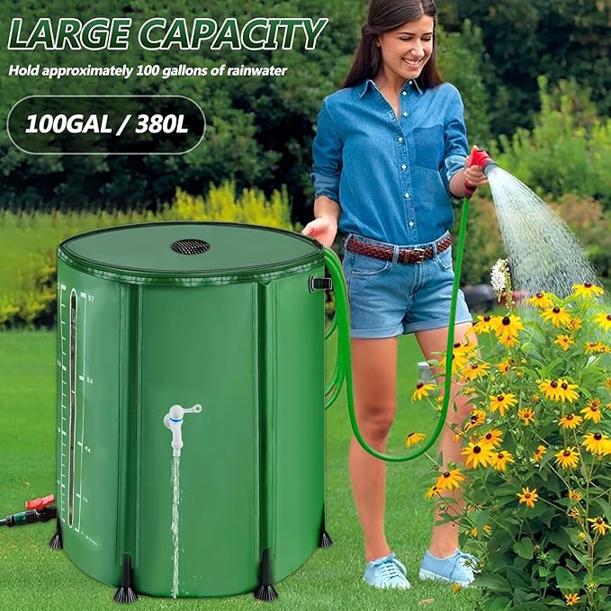 100 Gallon Collapsible Rain Barrel, 380L Water Storage Tank with Scale Mark for Garden Plant Watering, Farm Irrigation, XL Rainwater Collection System with Spigots, Overflow Kit, Hoses