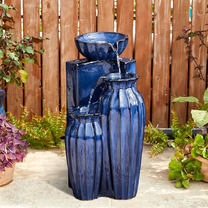 Glitzhome 26.75" H Ceramic Outdoor Water Fountain with LED Lights and Pump, Cobalt Blue Fluted Texture Cascading Waterfall Floor Standing Fountain for Porch Deck Garden Patio Backyard