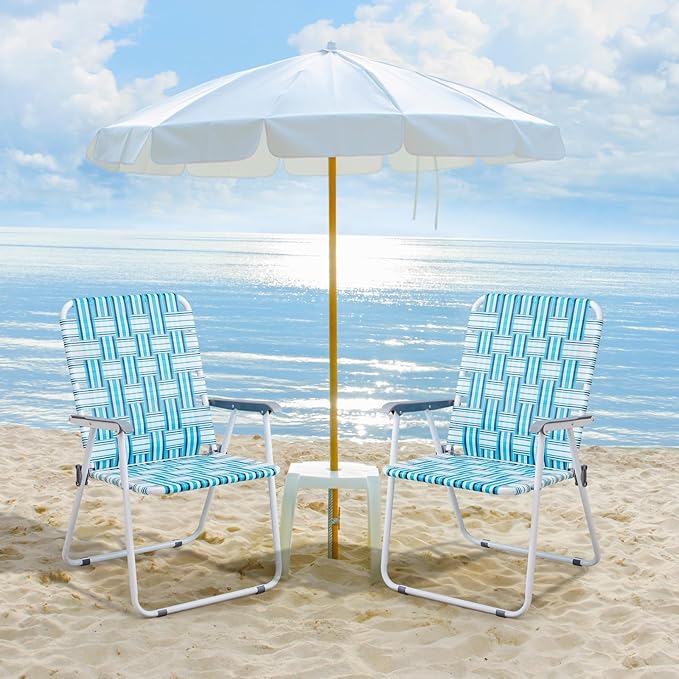 VINGLI Patio Lawn Webbed Folding Chairs Outdoor Beach Portable Camping Chair for Yard, Garden (2, White & Blue, Oversized)