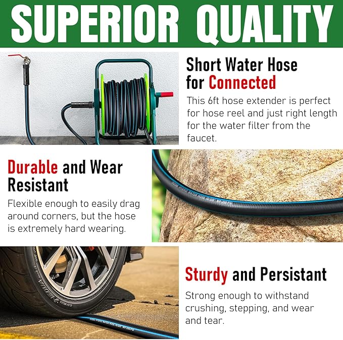 Heavy Duty Garden Hose 6ft, NON-EXPANDABLE Flexible Water Hose, Kink Resistant Lightweight Hybrid Hose, Leakproof Hose Male to Female Fittings