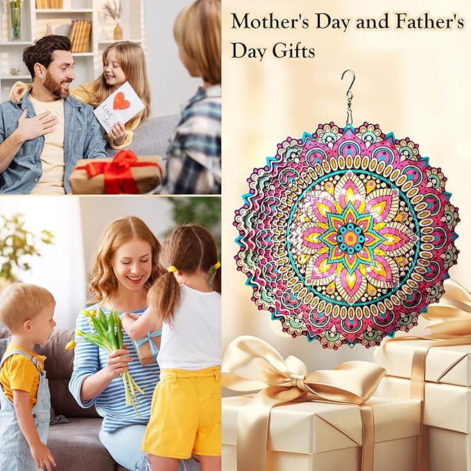Wind Spinner Blossom Mandala Wind Spinners Outdoor 12inch 3D Stainless Steel Hanging Wind Sculptures Creates Holographic Effect. Kinetic Garden Decoration Yard Art Decor Worth Mandala Gifts