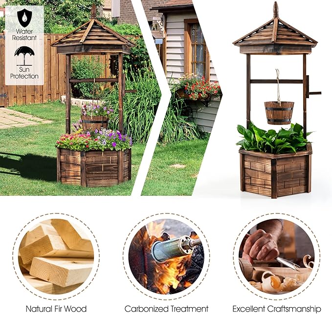 Giantex Rustic Wooden Wishing Well Planter with Hanging Bucket, Roof Shadow, Reinforced Rod, Wishing Wells for Outdoors Backyard Patio Garden Outside Decor