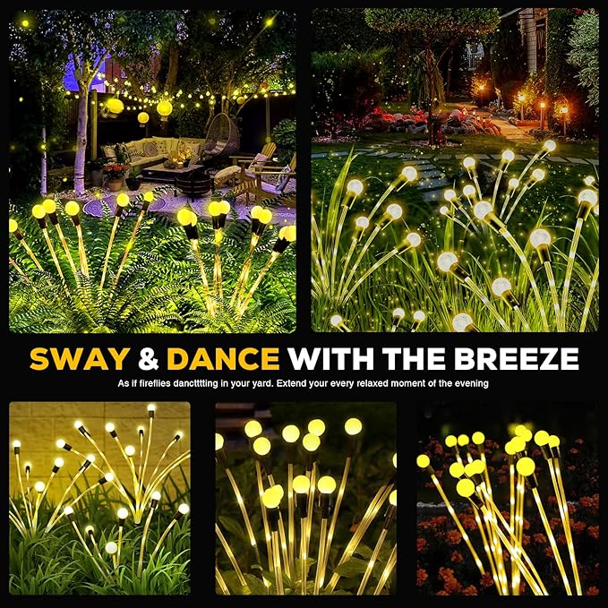 Solar Garden Lights, Upgraded Solar Lights Outdoor Waterproof, 4-Pack Solar Swaying Light-Sway by Wind, 32 LED Firefly Lights Solar Outdoor for Yard Patio Pathway Decoration (Warm White)
