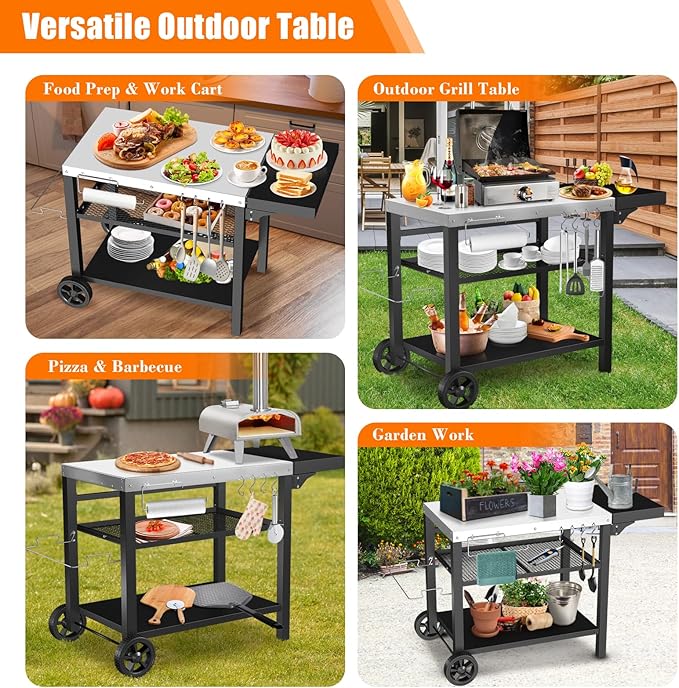 Grill Cart, Outdoor Grill Table, Pizza Oven Stand, Three-Shelf BBQ Table, Movable Dining Cart with Drawer, Fits for Ninja Woodfire Grill, Blackstone Griddle,Tabletop Grill