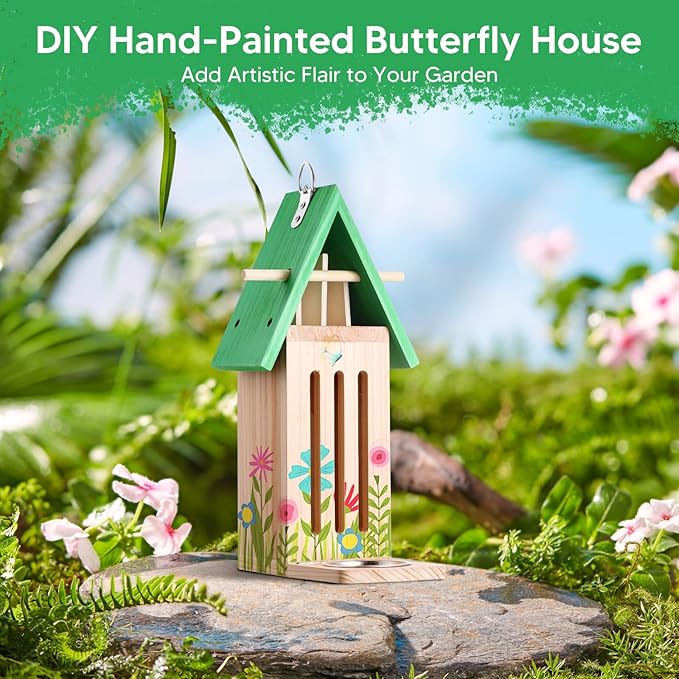 2PCS Butterfly House and Feeder for Outside, Wooden Butterfly House Butterflies Feeder for Garden, Butterflies Habitat with Puddler on Floor or Hanging on Tree Wall