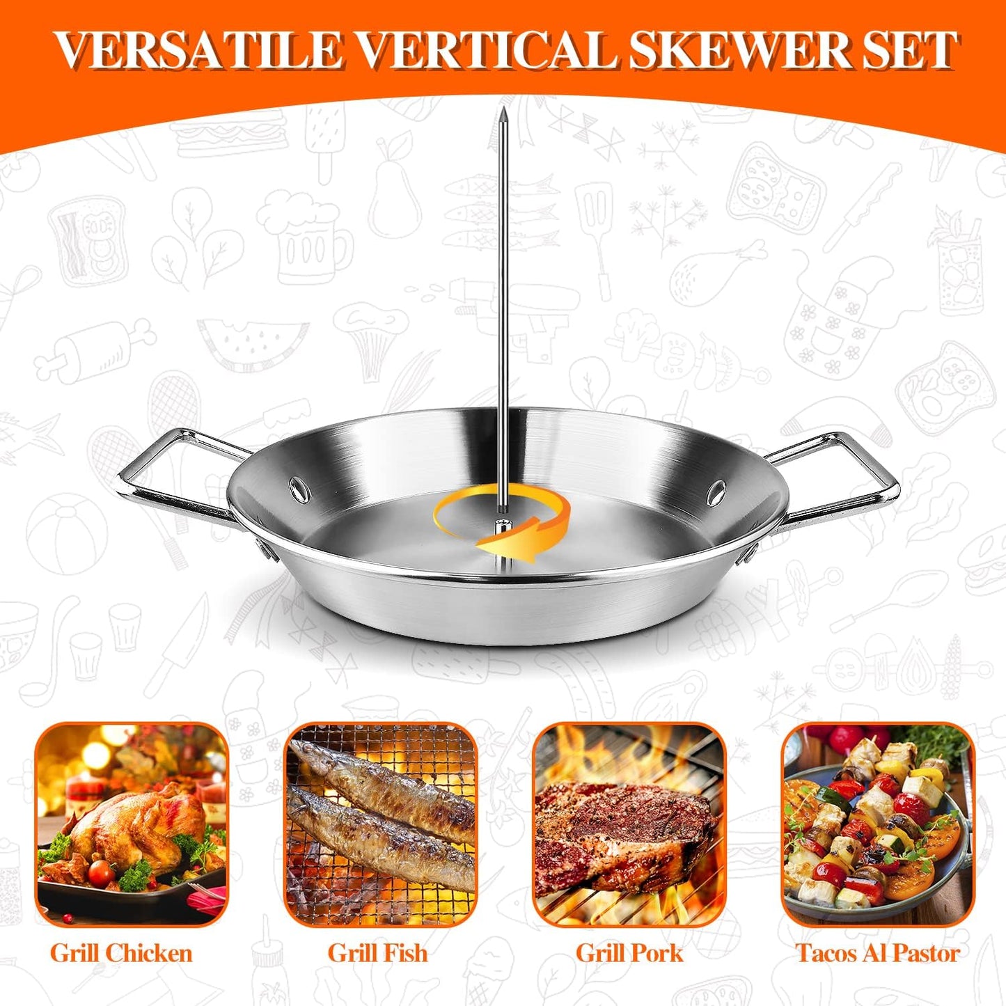 Al Pastor Skewer for Grill -Vertical Barbecue Stand Al Pastor, Kebabs, Shawarma, Gyros, with 10.5 inch base plate and 3 detachable sharp barbecue accessories (8”/10"/12”)& Brushes,Barbecue gloves