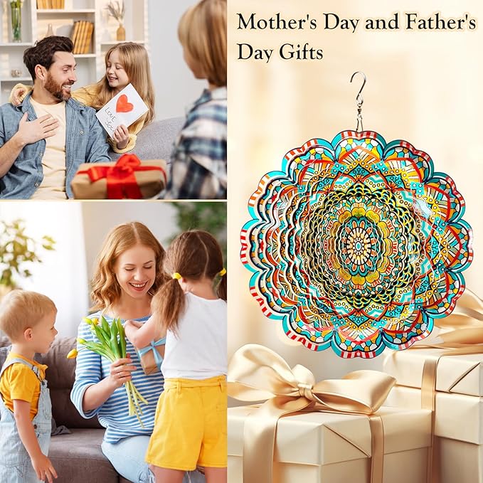 Wind Spinner Lucky Star Mandala Wind Spinners for Garden Yard Hanging Wind Sculptures Create Zen Atmosphere. Kinetic Metal Art Decoration Indoor/Outdoor Decor Mandala Gift for Mom Wife Woman