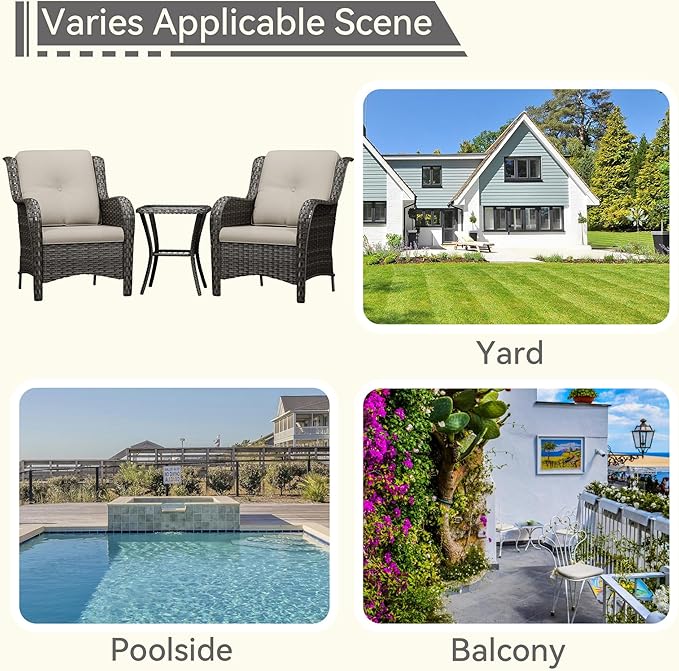 3 Pieces Outdoor Patio Chairs Set - Wicker Patio Conversation Sets with 1 Side Table, Olefin Fabric Cushions Suitable for Backyard Deck and Porch,Beige