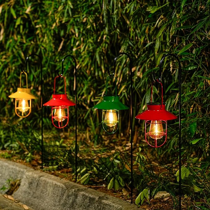 Solar Lights Lantern Lamp with Shepherd Hook, Solar Metal lanterns, outdoor lights decor, Water resistant Edison Bulb Lights for Garden ,outside decor for pathways,patio, lawn, or landscaping (Yellow)