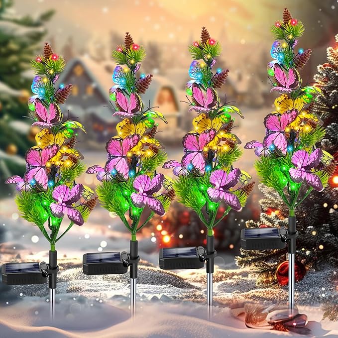 Solar Garden Lights Outdoor Waterproof Butterfly Stake Lights, 4 Pack Solar Lights Gifts for Mom Women Holiday Yard Front Porch Pathway Graveyard Cemetery Garden Patio Decor