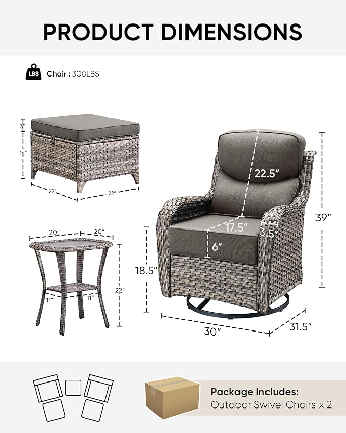 HUMMUH Wicker Patio Furniture Set 6inch Thick Cushion Deep Seat Outdoor Swivel Rocker Patio Chairs Set of 2 with Ottomans Conversation Set for Porch Garden Deck