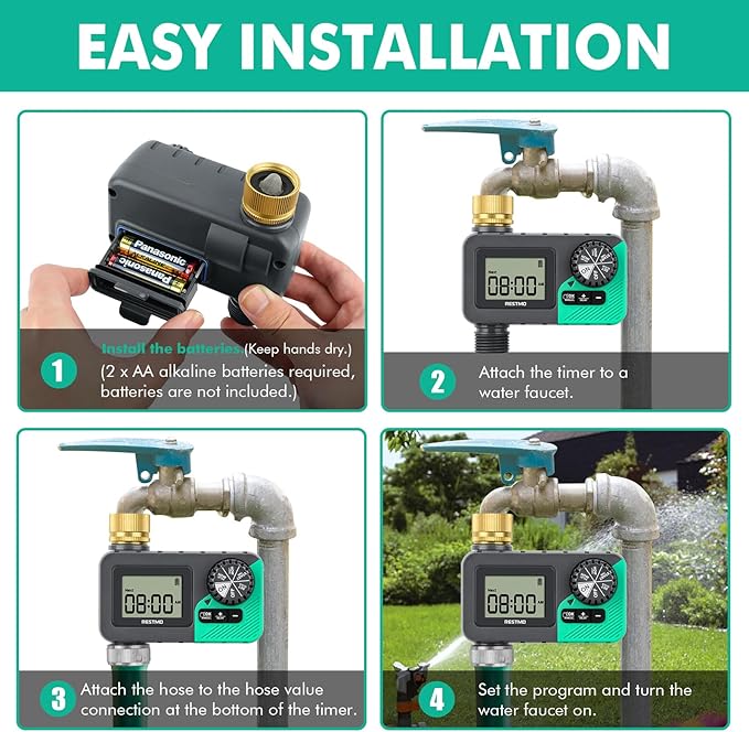 RESTMO Sprinkler Timer with Brass Inlet, Water Timer for Garden Hose, Rain Delay/Manual/Automatic for Outdoor Faucet, Drip Irrigation and Lawn Watering System