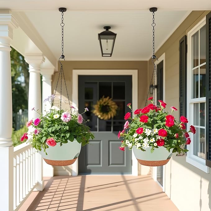 2 Pack 12 Inch Large Hanging Planters with Chains Self Watering Green Brown Plastic Hanging Pots for Indoor Outdoor Plants, Garden Porch Home Decor,Green Brown