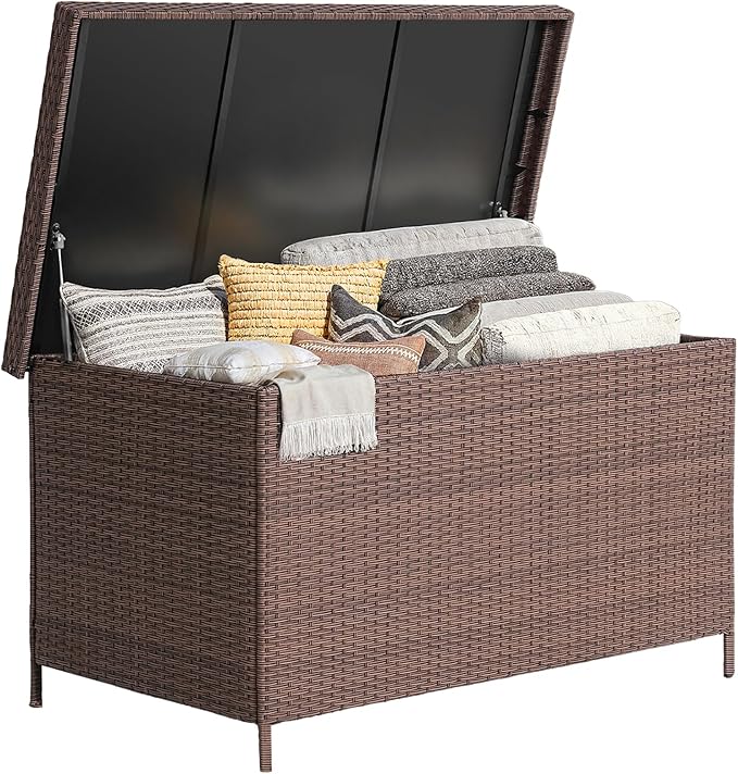 158 Gallon XL Deck Box with Lid, All Weather Wicker Outdoor Storage Box Waterproof, Large Outdoor Patio Storage Bin for Cushions, Garden Tools, Gears, Pool Accessories, Brown