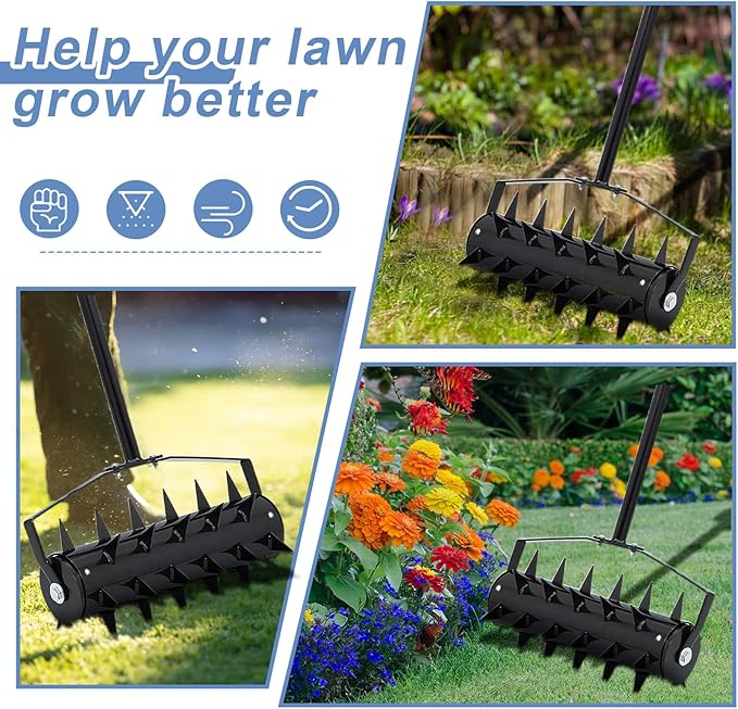 Lasnten Lawn Aerator Tool 16" Manual Rolling Yard Aerator Grass Roller Heavy Duty with 59" Stainless Steel Handle, Gloves, Spike Garden Rotary Push for Backyard Yard