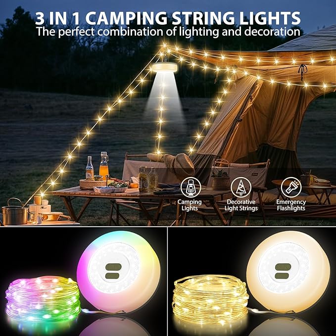 Camping String Lights, 4 in 1 Quick Storage 32.8FT Rechargeable Tent Lights with 9 Modes Hanging Waterproof Camp Lamp Camping Essentials for AwnTent Hiking Garden Bedroom Festival(Warm +RGB)-2Pack