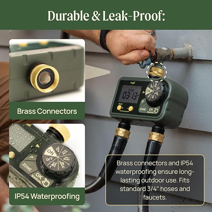 Vego 2 Zone Sprinkler Timer with Brass Inlet- Watering Timer for Garden Hose with Dual Channel Programmable Rain Delay/Manual Watering/Automatic Irrigation - Water Hose Timer for Yard Lawn
