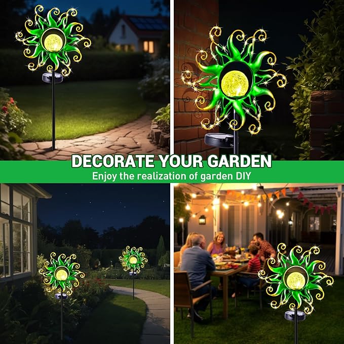 Solar Garden Lights Outdoor, Green Metal Sun Stake with 30 LED Waterproof Vine String Crackle Glass Spring Decor for Patio,Yardr,Lawn Gardening Birthday Gifts
