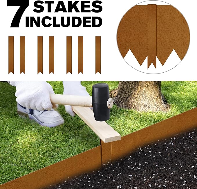 KOL Corten Steel Pre-Rusted Garden Lawn Edging - 6-Pack Metal Landscape Edging Strips - Heavy Duty Hammer-in Cor-Ten Steel Rust Border with 7 Clips - 14-Gauge - 40" L x 5.5" H (20FT Total Length)