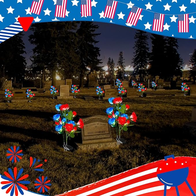 Woanger 4 Pcs Solar Flowers Cemetery Grave Decorations Outdoor LED Flower Lights with 6 Rose Powered Garden Stake Lights Waterproof for Independence Day Grave Decorations (Red, Blue)