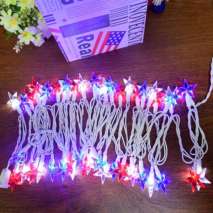 50 LED Red White and Blue Star Lights, 18.5FT 4th of July Lights Plug in, Patriotic Decorations Outdoor Star String Light for Home Patio Porch Garden Memorial Day Independence Day Decor, White Wire