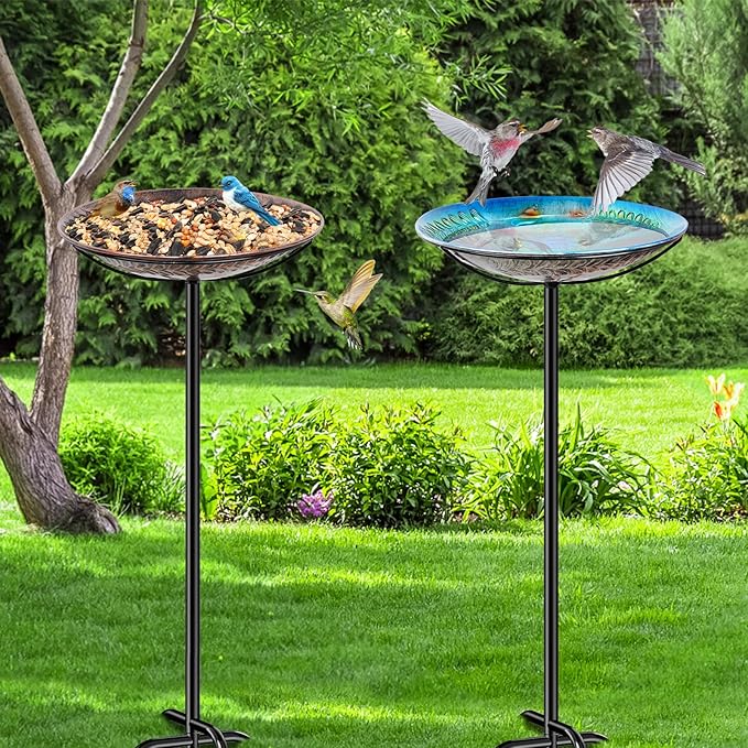 Metal Bird Bath for Outside Feeder Bowl, Detachable Birdbath & Birdfeeder with Base Stake, Vintage Bird Baths for Outdoors Garden Yard Lawn Decor (Blue)