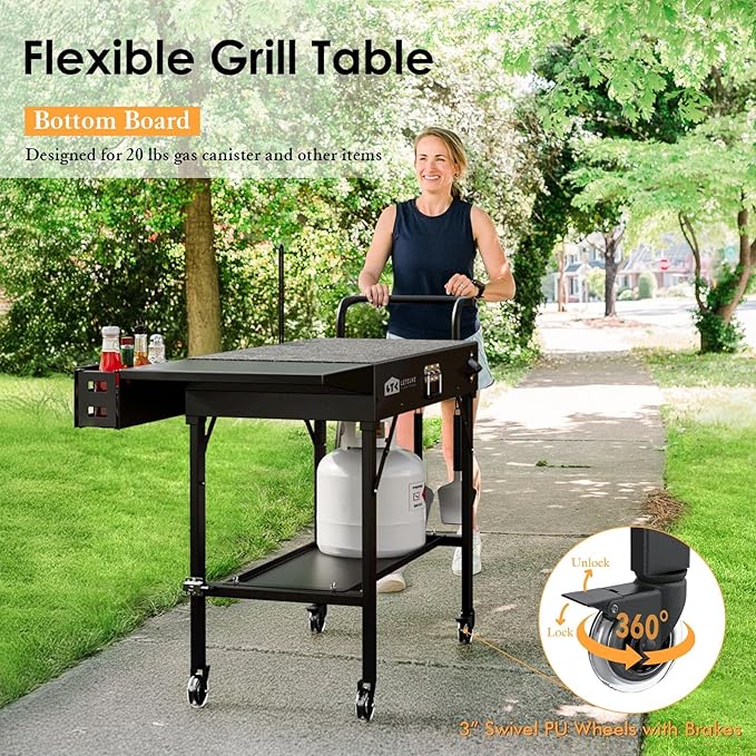 Leteuke Grill Cart for Blackstone Griddle, Portable Outdoor Grill Table, Foldable Cart Table with Wheels for Ninja, Griddle Stand Fit 17 Inch Or 22 Inch, BBQ Prep Tables with Seasoning Tray