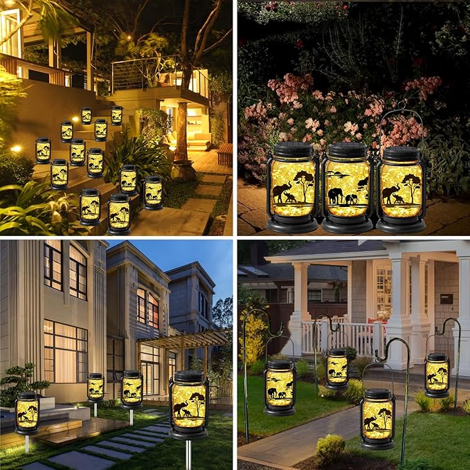 2 Pack Outdoor Hanging Solar Lanterns, Elephants Vintage Glass Mason Jar Fairy Lights, Mothers Day Gifts for Women Mom Grandma, Waterproof Garden Lights for Patio Yard Lawn Tree Party Decor