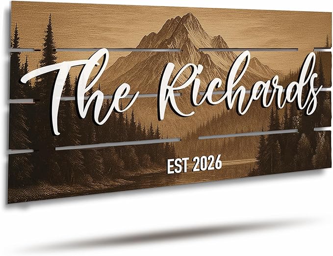 Custom Mountain Family Name Sign - Rustic Wood Wall Decor, Personalized Wedding & Gift for Anniversary Couples, Housewarming Gift for New Home