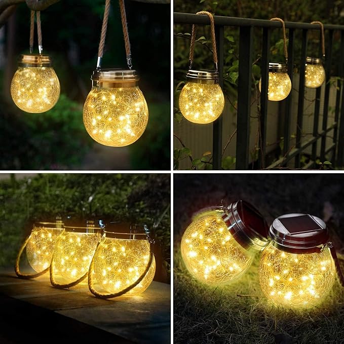 Solar Lantern Crackle Glass Ball, 2 Pack Garden Hanging Solar Lights Outdoor Waterproof Lanterns with 30 Warm White LED for Outdoor Decor Patio Yard Lawn Pathway
