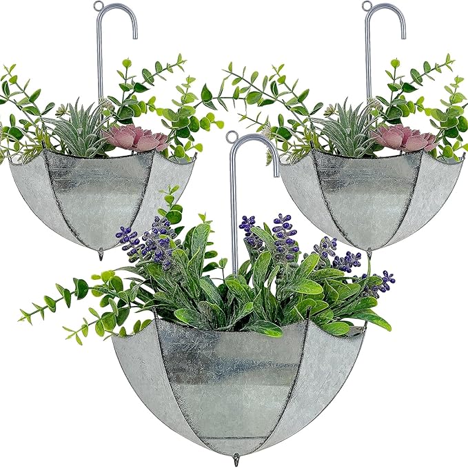 yosager 3 Pack Galvanized Metal Umbrella Wall Planter, Hanging Wall Flower Holder, Succulent Hanger Vase Indoor Outdoor Rustic for Garden Home Wall Decor
