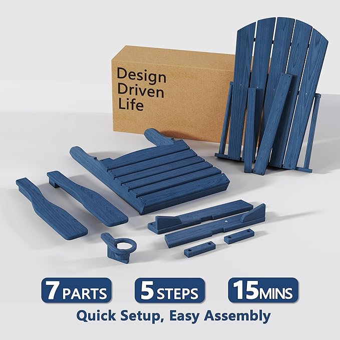 Folding Adirondack Chair Set of 2 with Cup Holder, HDPE All Weather Resistant Plastic Outdoor Patio Chairs, Heavy Duty Fire Pit Seating for Backyard Lawn Garden, Wooden Textured Design(Navy Blue)