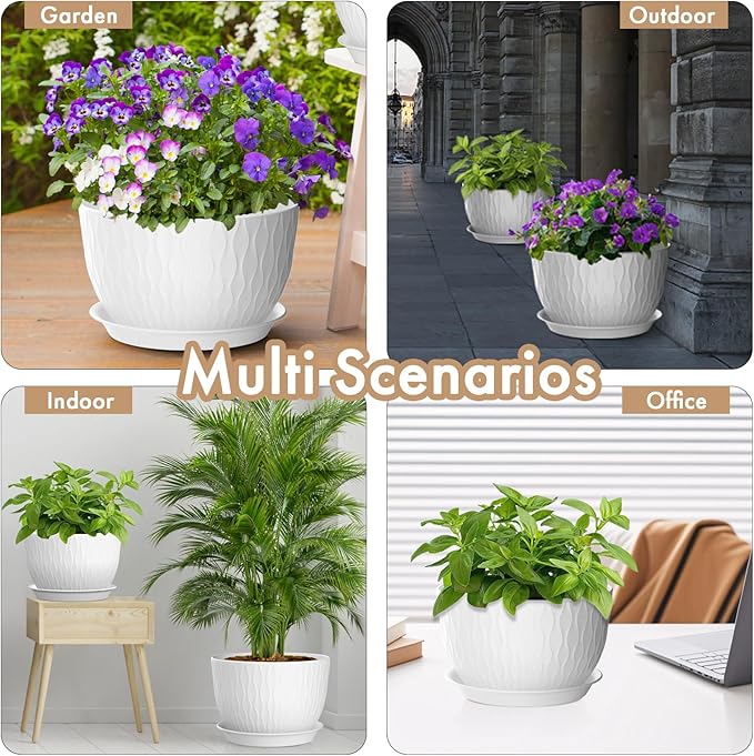 12 Inch Large Plant Pots for Indoor or Outdoor Plants, Wide Water Ripples Flower Pots with Drainage Holes & Saucer, Plastic Planters Set for Garden & Home Decor (White)