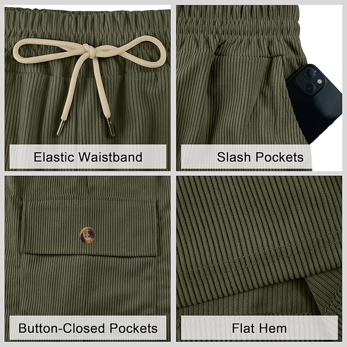 Mens Cargo Shorts Casual Drawstring Elastic Waist Corduroy Summer Beach Shorts with Pockets