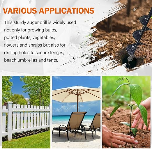 KENDO Auger Drill Bit for Planting Set of 1, Garden Ground Earth Spiral Drill Bits and Bulb Planter Tool for 3/8" Hex Drive Drill, for Post Hole Digger, Bulb Bedding Digging, Plant Rapid Planter