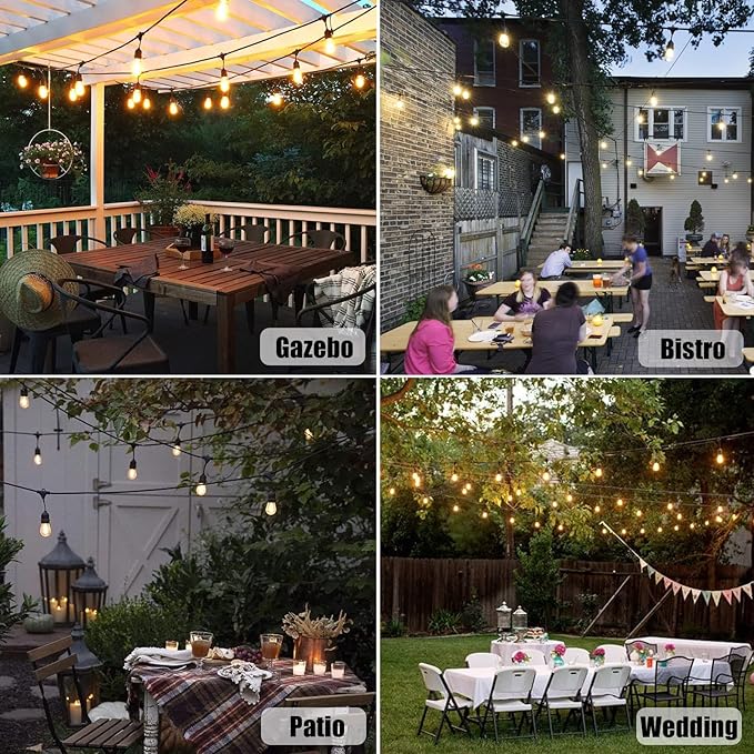Achin Outdoor String Lights 48FT Dimmable Warm 2200K LED Patio Lights Outdoor Waterproof with 16 Plastic Bulbs Shatterproof String Lights for Outside Deck Gazebo Bistro Lights