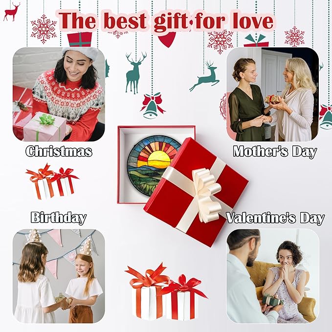 Stained Glass Window Hanging, Golden Red Sun Green Mountain Suncatcher for Window Home Decor Nature Landscape Sun Catcher Mother's Day Birthday Gifts for Women Men Mom Nana 7.8 in