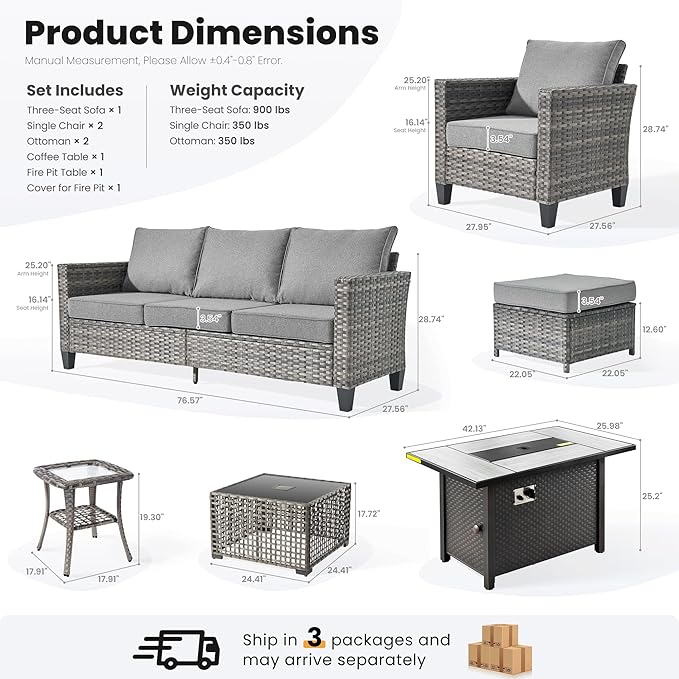 ovios 7 Pieces Patio Furniture Set with 42" Fire Pit Table, Outdoor Sofa Couch with Solar Lights Table Comfy Cushions, Modern Deep Seat Wicker Rattan Conversation Set, Dark Grey