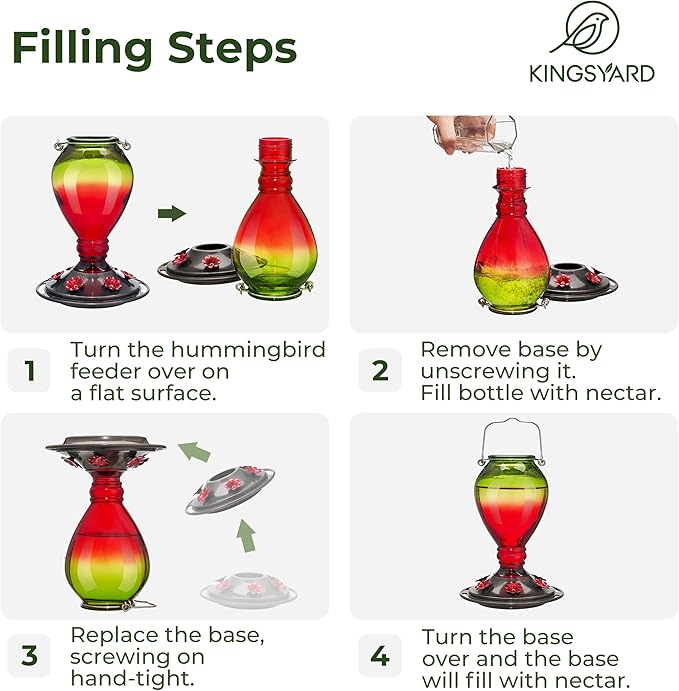Kingsyard Glass Hummingbird Feeder - 6 Bee Guard Feeding Ports & Ant Moat, 24 oz Leak Proof, Wild Bird Feeder for Outdoors Hanging, Easy to Clean & Refill, Garden Yard Decor, Red & Green