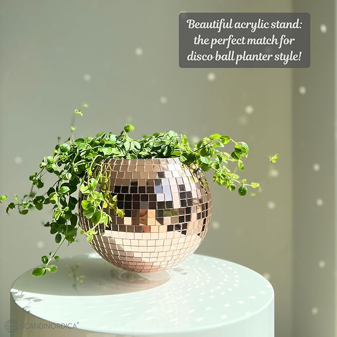 SCANDINORDICA Disco Ball Planter – Value Package: Mirror Disco Planter with Chain, Macrame Hanger and Acrylic Stand for Desk, Includes Self Watering Insert, Plant Gifts | 8 inch Rose Gold