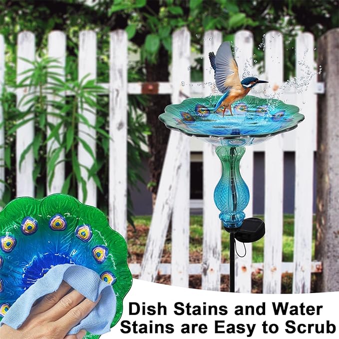 Blue Peacock Ground Stake Solar Bird Feeder for Outside,Bird Pond Outdoor Glass BirdBath with Metal Stake Garden Yard Outdoor, Garden Decoration Yard 32 inches