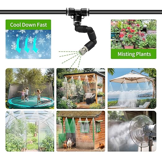Outdoor Misting Cooling System,49FT (15M) Misting Line + 3/4” Threaded Adapter + 13 Adjustable 360° Nozzles, Garden, Greenhouse, Misters for Outside Patio