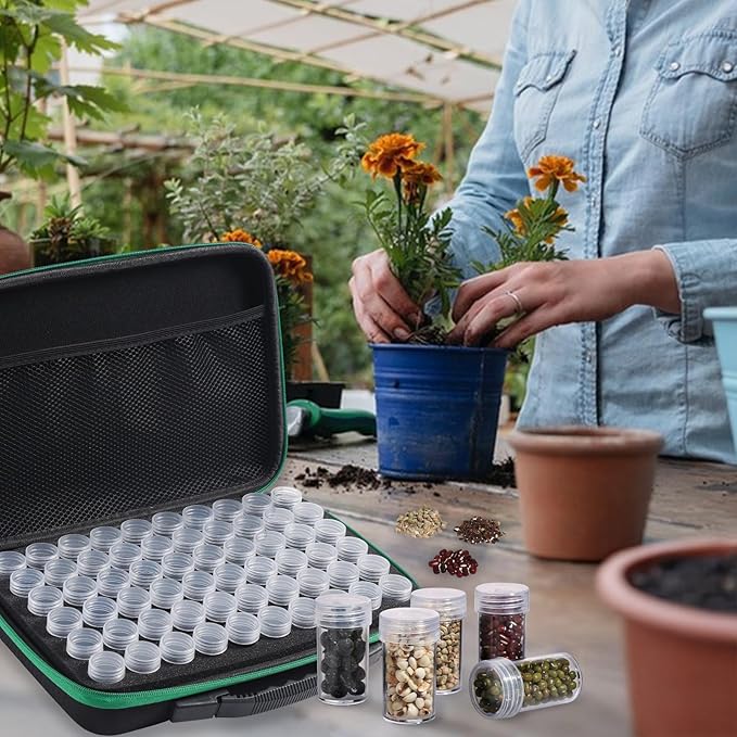 Seed Storage Box, Portable Seed Saving Box, Sturdy Seed Organizer Kit Seed Envelopes Funnel Label, Seed Container for Flower Plants Vegetable Seed, M-60 Slots